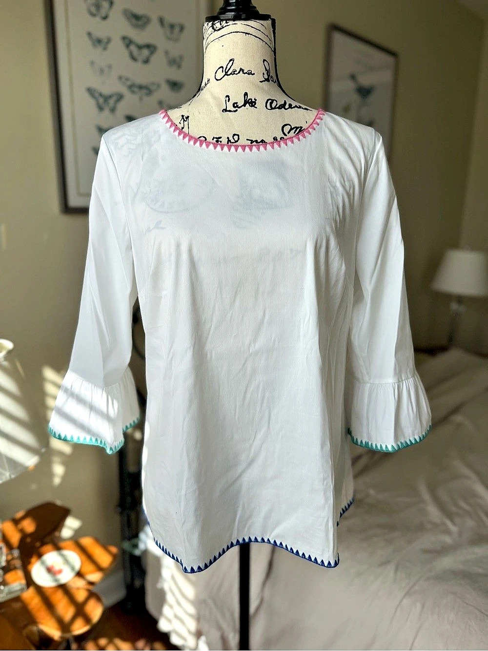 Talbots Embroidered Trim Bell Sleeve Blouse White Small